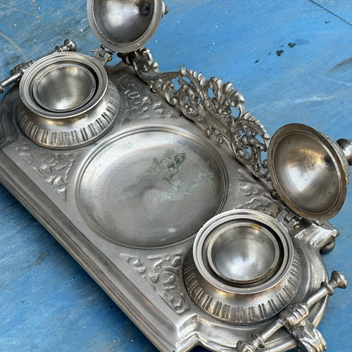 Vintage double metal inkwell with embossed decoration