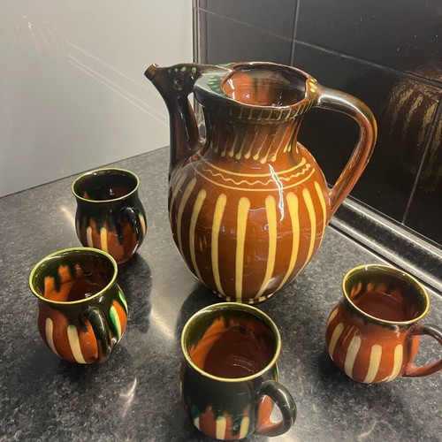 Clay set used, handmade painted jug and 4 cups