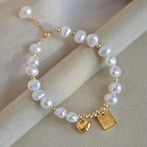 Freshwater Pearl Bracelet with Gold Good Luck Charm