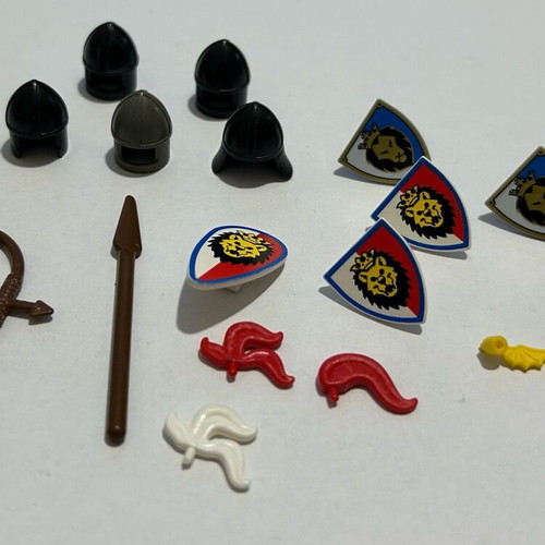 Lego Knights accessories pack used with wear on two helmets