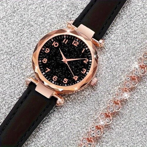 Watch and bracelet set new with leather strap and rhinestones