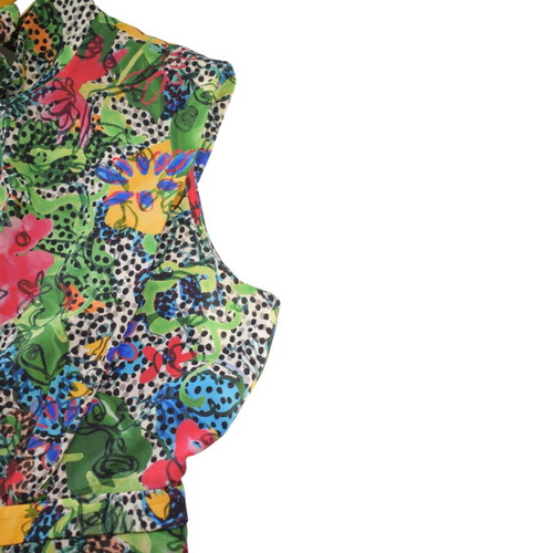 Saloni 100% Silk Green Floral Dress with High Neck & Ruffle, US 8 UK 12