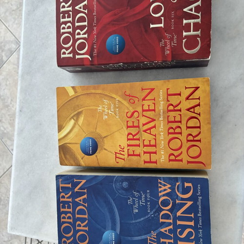 The Wheel of Time books used, first six by Robert Jordan, English