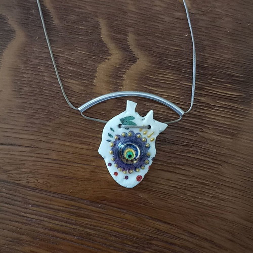Handmade necklace human heart, ceramic, colorful, new
