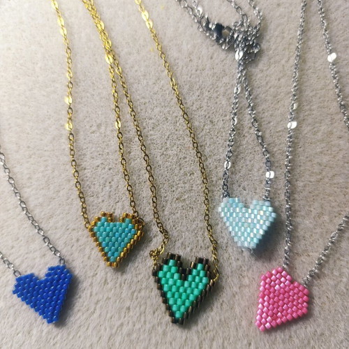 Set of 5 handmade heart necklaces with Miyuki beads, stainless steel chains