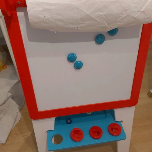 Double-sided magnetic chalk and marker board used