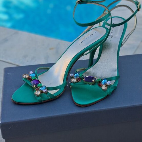 Marilena Emerald Green Satin and Leather Heeled Sandals like new, size 37