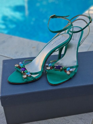 Marilena Emerald Green Satin and Leather Heeled Sandals like new, size 37