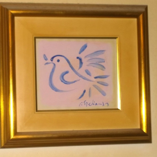 Painting Stathopoulos pink dove acrylic on paper signed
