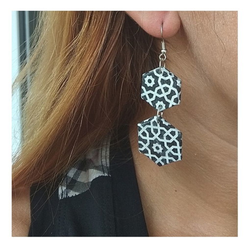 Pentagonal earrings black and white patterned new handmade