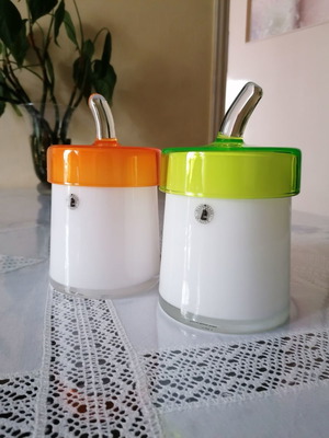 Glass multipurpose jars used, set of 2 with lid, white-orange & white-lime green
