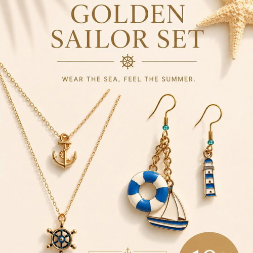 Golden Sailor Set handmade jewelry, blue and gold