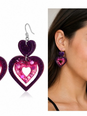 Handmade resin earrings new, pink and purple heart design