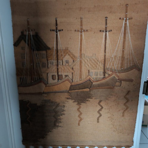 Vintage handmade wall tapestry with sailboats used, large decorative