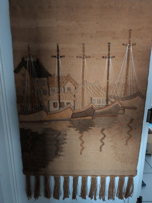 Vintage handmade wall tapestry with sailboats used, large decorative