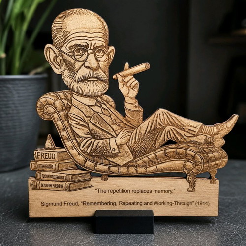Engraved wooden Sigmund Freud stand new