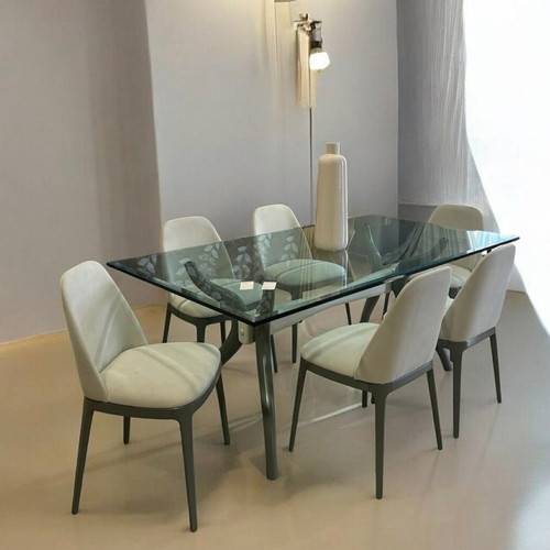 Beech wood dining set with 20mm glass top new with 6 chairs