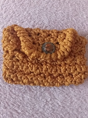 Mustard handmade knitted wallet with brown–black button new