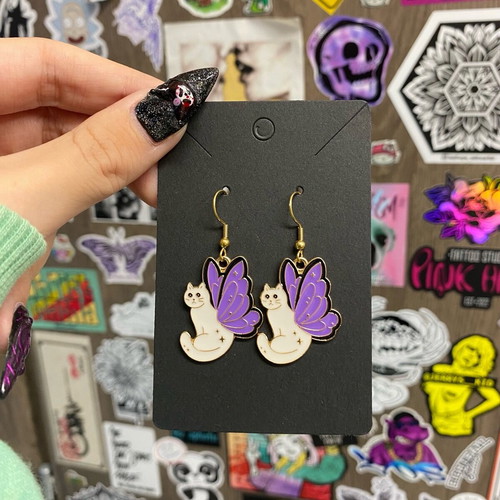 Fairy cat earrings new, steel, purple and gold