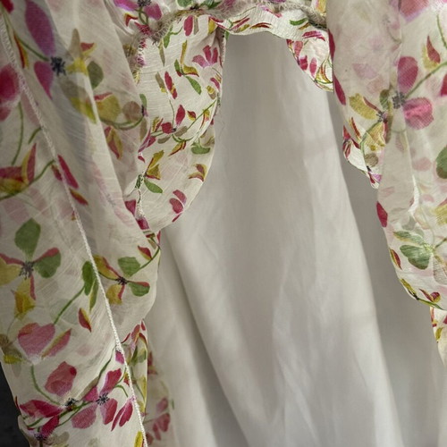 Romantic mini dress used, floral chiffon, pink green beige