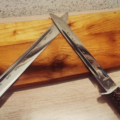 Hunting butcher knives, handmade, leather sheaths, set of 2