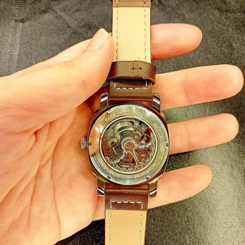 Mechanical automatic waterproof watch new, brown leather strap