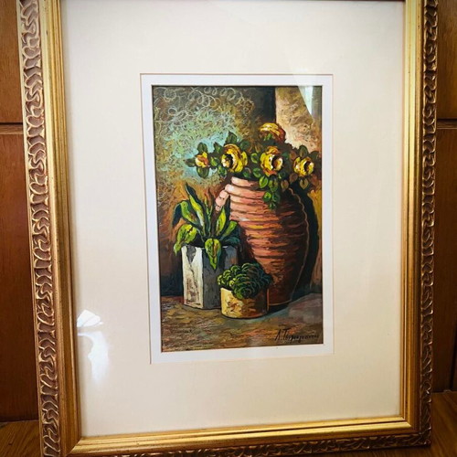 Painting by Lefteris Tsimogiannis with clay pot and flowers, framed