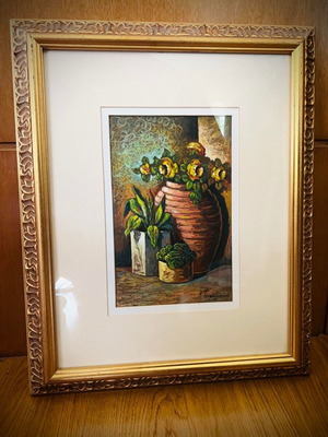 Painting by Lefteris Tsimogiannis with clay pot and flowers, framed