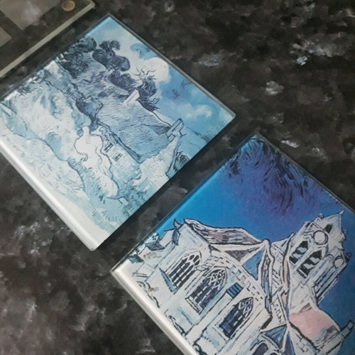 Glass square coasters with design, pack of 3, like new