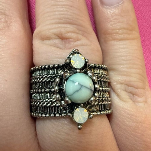 Vintage steel ring carved new with semi-precious gemstones
