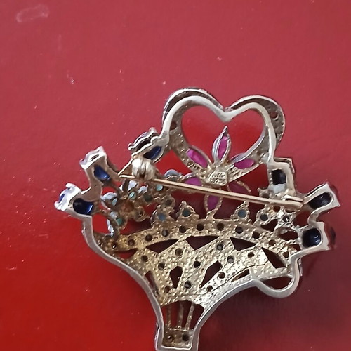 Large brooch with diamonds, sapphires, rubies and emeralds, 14K gold and silver