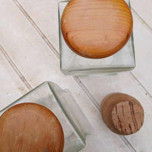 Glass vases like new with wooden lids and cork-topped jar