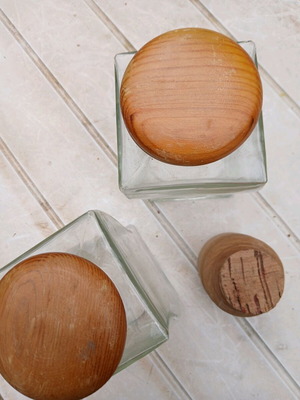 Glass vases like new with wooden lids and cork-topped jar