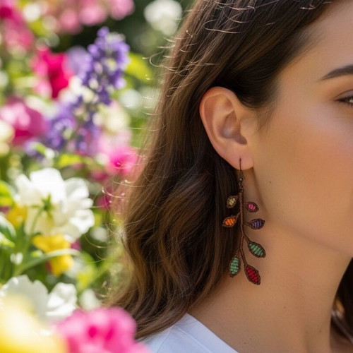 Macrame earrings branch-shaped with colorful leaves new