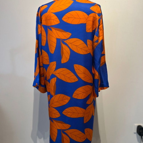 Statement satin tunic shirt dress like new, blue and orange leaf print