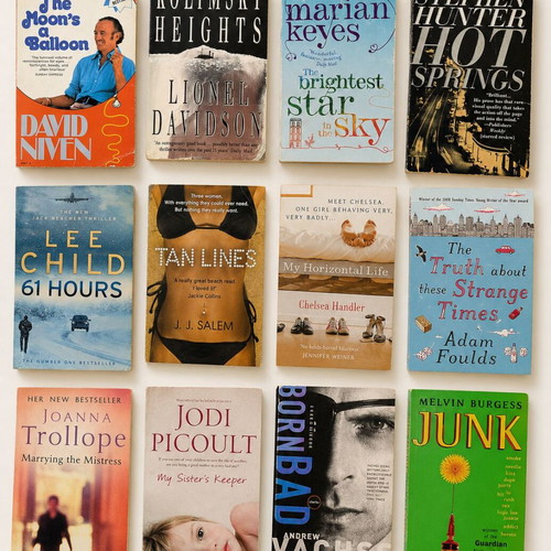 Set of 12 English novels used, including thrillers and humor