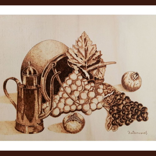 Still life pyrography painting on linden wood by Triantafyllos Xanthopoulos