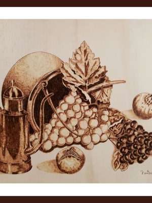 Still life pyrography painting on linden wood by Triantafyllos Xanthopoulos