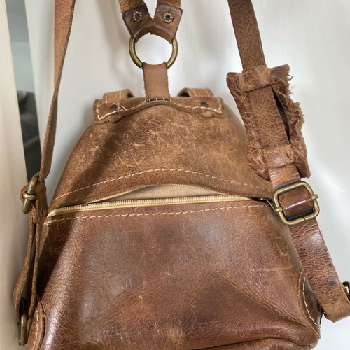 Leather backpack small used, tan color