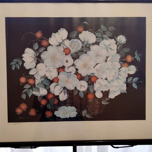 Decorative framed painting with white flowers