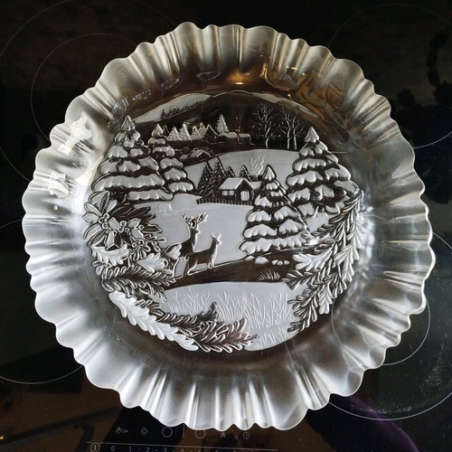 Crystal serving platter like new with embossed winter landscape