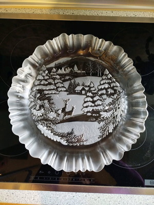 Crystal serving platter like new with embossed winter landscape