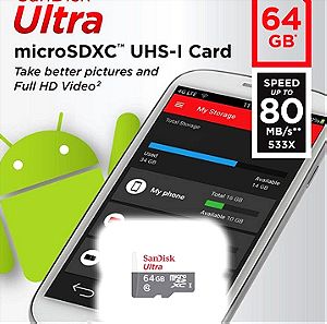 Sandisk Ultra microSDXC 64GB Class 10 with Adapter Mobile Silver για κινητό/tablet/Switch