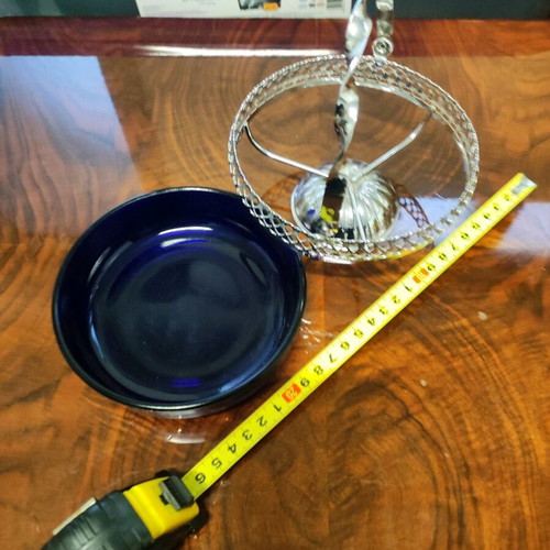 Metal fondue pot with blue glass bowl like new, vintage