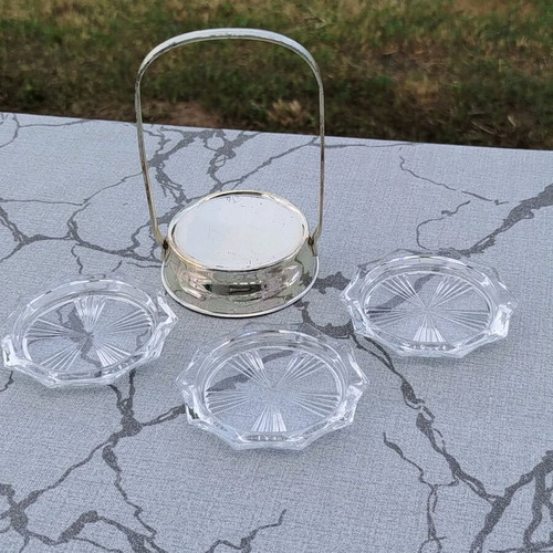 Vintage base with 3 glass coasters like new, 1970s