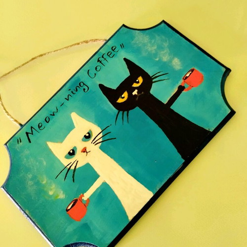 Wooden hanging frame Meow-morning painting new 13×20 cm