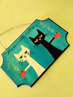 Wooden hanging frame Meow-morning painting new 13×20 cm
