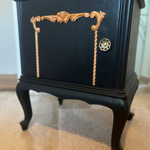 Antique Nightstand restored, black with carved wood details