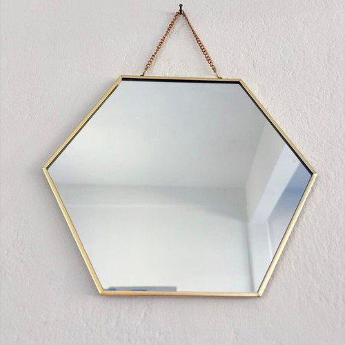 Hexagonal mirror with gold frame and chain new