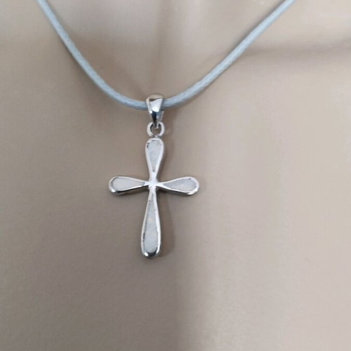 Silver cross 926 with white opal and light gray leather strap like new